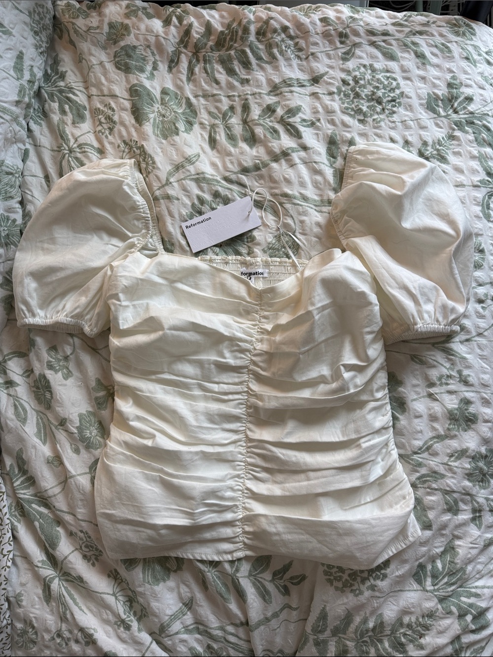 Reformation White Ruched Puff-Sleeve Blouse